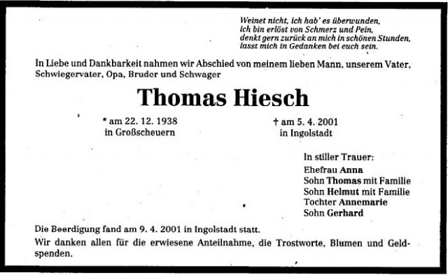 Hiesch thomas 1938-2001 Todesanzeige